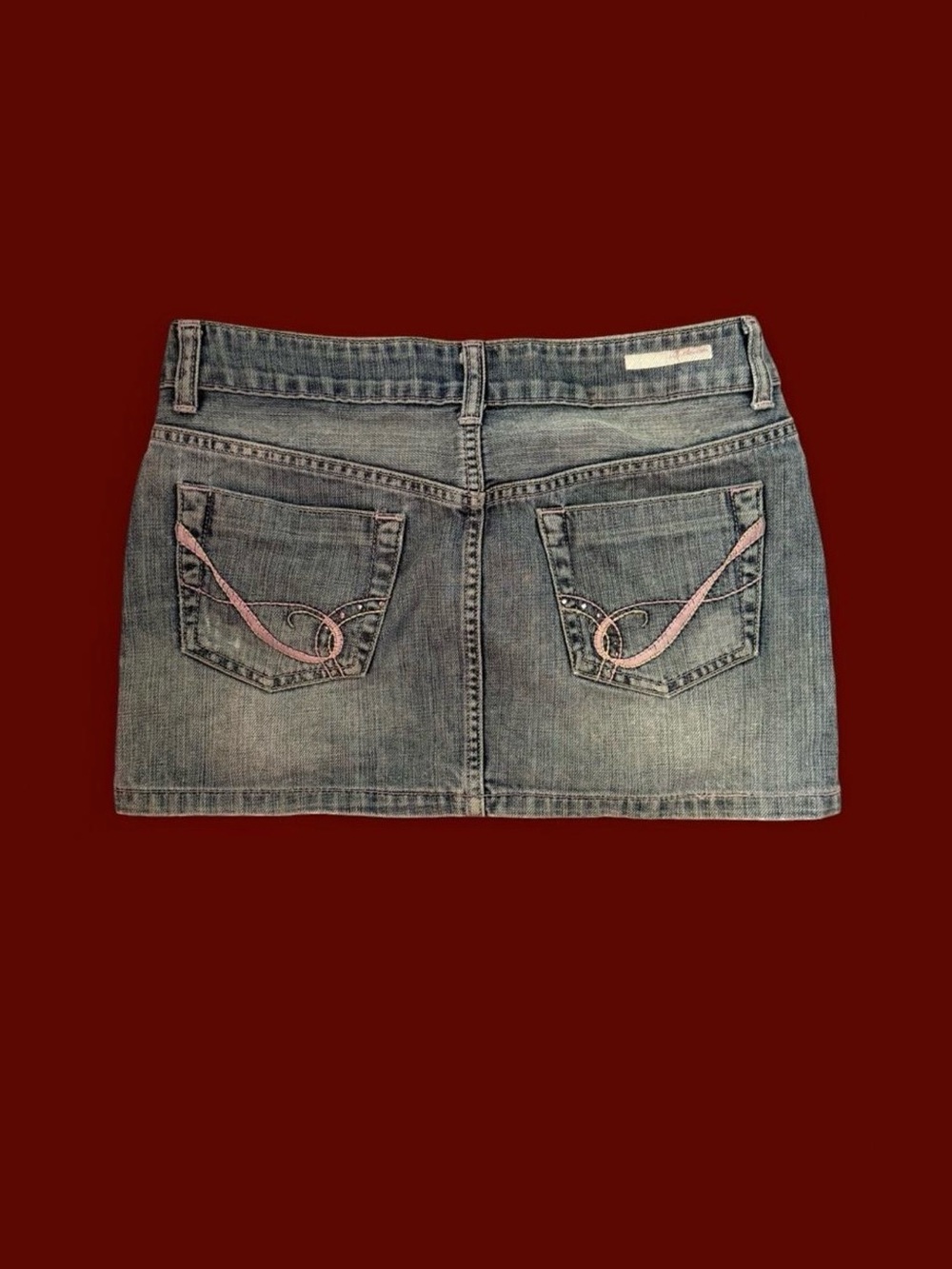 Denim Mini Skirt with Pink Embroidered Pocket Detail